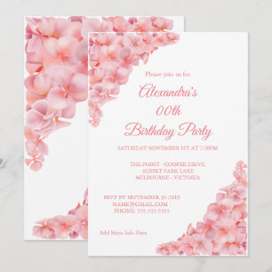 Invitation Fête d'anniversaire Fleurs roses Hydrangeas sur fo