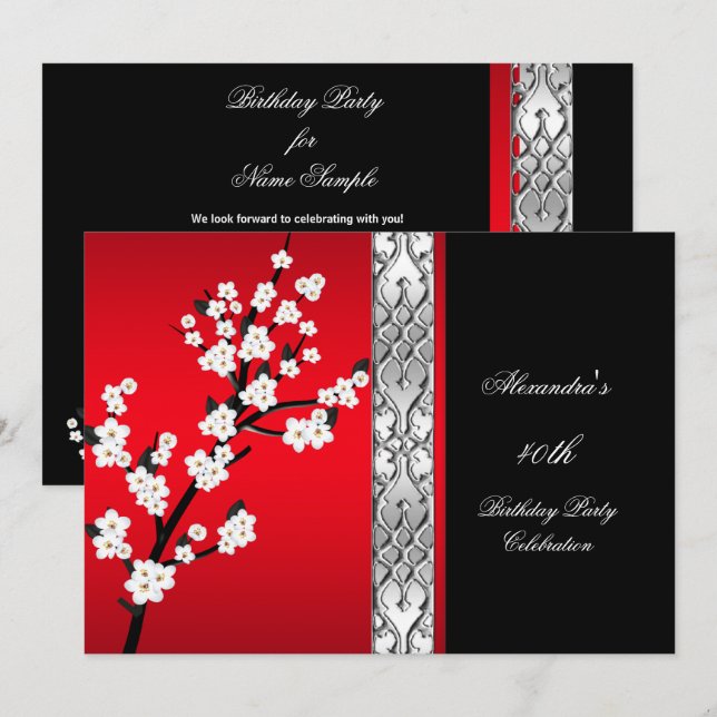 Invitation Fête d'anniversaire Fleurs rouges asiatiques sur f (Devant / Derrière)