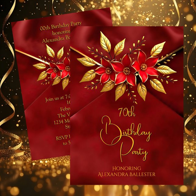 Invitation Fête d'anniversaire Fleurs Rouges Faux Velours Écr (Créateur téléchargé)