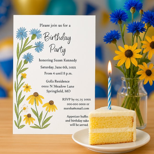 Invitation Fête d'anniversaire Fleurs sauvages aquarelle  (Birthday invitation featuring floral, blue, yellow wildflowers, a summer party theme, watercolor )