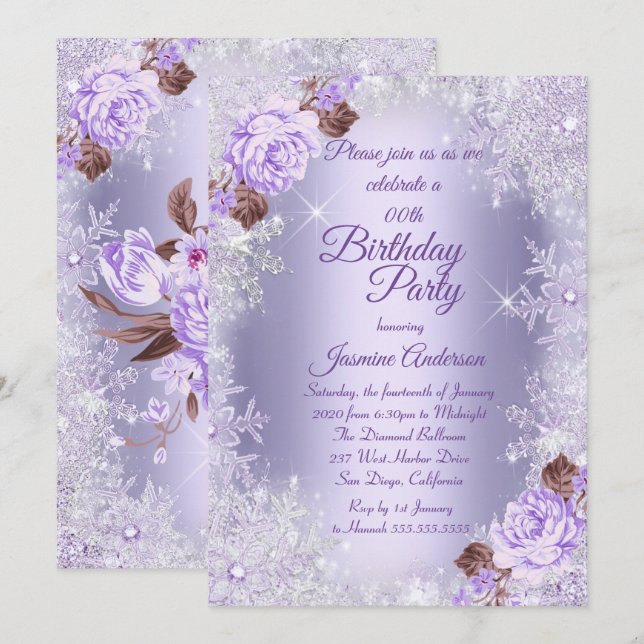 Invitation Fête d'anniversaire Fleurs violettes en hiver (Devant / Derrière)