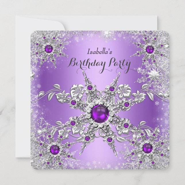 Invitation Fête d'anniversaire flocon de neige au lilas viole (Devant)