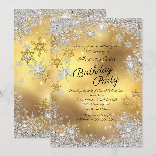 Invitation Fête d'anniversaire Flocon de neige Or Blanc Argen (Devant / Derrière)