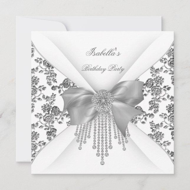 Invitation Fête d'anniversaire Floral Argent Blanc Diamant Ar (Devant)