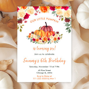 Invitation Fête d'anniversaire Floral Automne Orange Citrouil