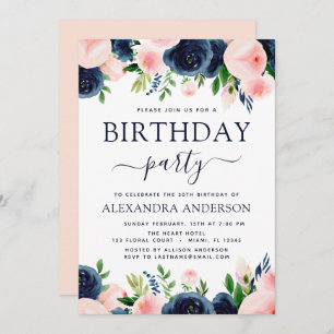 Invitation Fête d'anniversaire Floral bleu rose pâle