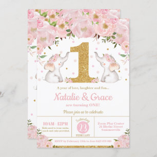 Invitation Fête d'anniversaire Floral Elephant Twin Girls
