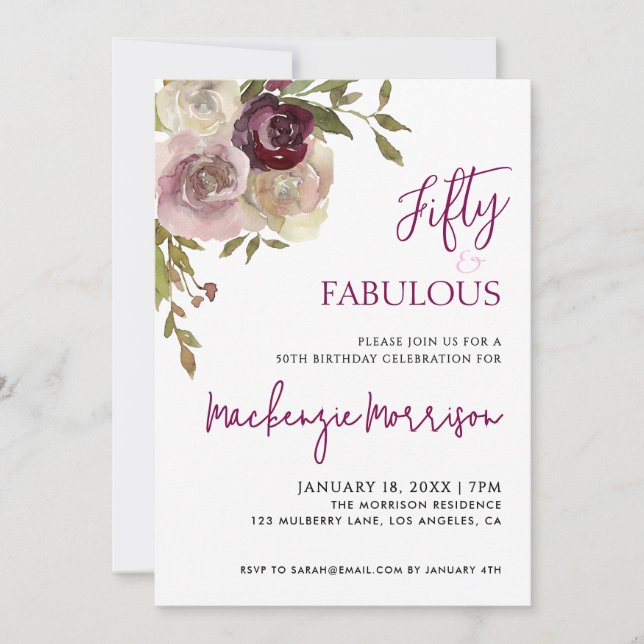 Invitation Fête d'anniversaire Floral Fifty et Fabulous Scrip (Devant)
