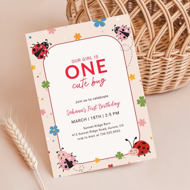 Invitation Fête d'anniversaire Floral One Cute Bug Coccinelle (Créateur téléchargé)