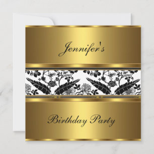 Invitation Fête d'anniversaire Floral Or Noir Blan