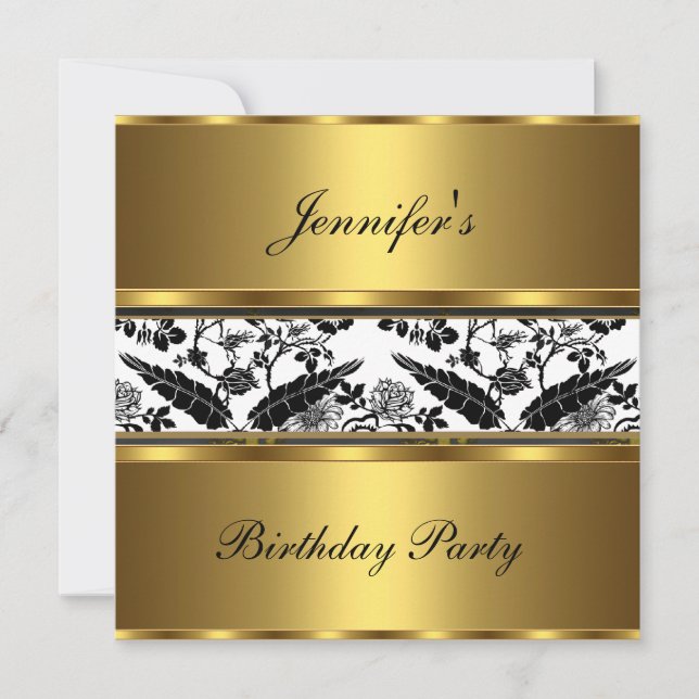 Invitation Fête d'anniversaire Floral Or Noir Blan (Devant)