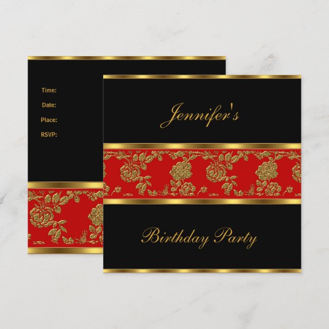 Invitation Fête d'anniversaire Floral Or Noir Roug (Devant / Derrière)