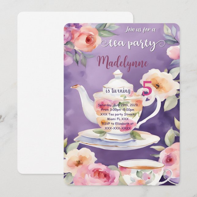 Invitation Fête d'anniversaire Floral Tea Party (Devant / Derrière)
