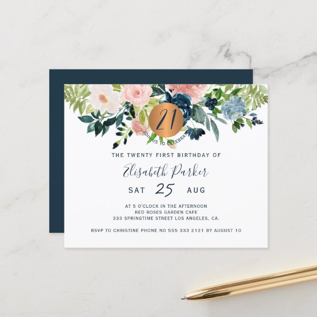 Invitation fête d'anniversaire florale 21 ans Budg (Devant/Arrière en situation)