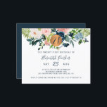 Invitation fête d'anniversaire florale 21 ans Budg<br><div class="desc">Crème de pêche, rose poudré, ivoire et bleu marine, bouquets de fleurs pastel bohèmes avec feuillage de verdure de sauge et un cercle rond de faux métal doré cuivré brillant faisant une invitation de fête d'anniversaire féminine moderne et glamour horizontale pour un jalon avec une typographie script chic et tendance...</div>