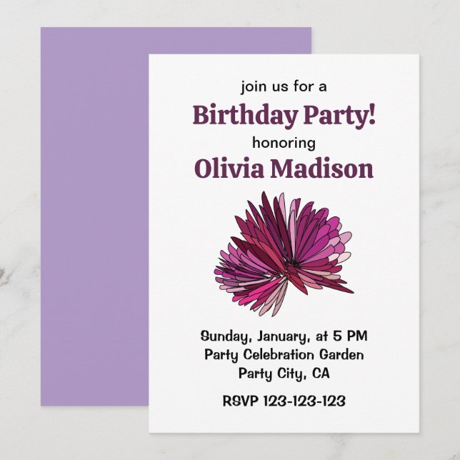Invitation Fête d'anniversaire florale à la fleur d'aster pou (Devant / Derrière)