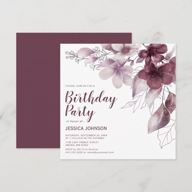 Invitation Fête d'anniversaire florale à l'aquarelle en borde (Devant / Derrière)