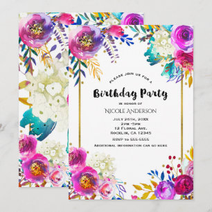Invitation Fête d'anniversaire florale aquarelle amusante viv
