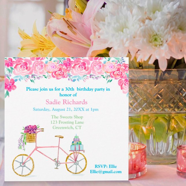 Invitation Fête d'anniversaire florale aquarelle avec bicycle (Créateur téléchargé)
