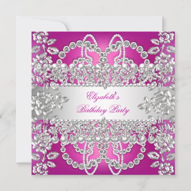 Invitation Fête d'anniversaire Florale Argentée Élégante avec (Devant)