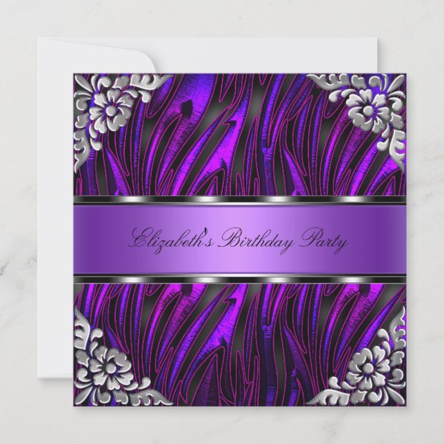 Invitation Fête d'anniversaire florale argentée Zèbre Violet (Devant)