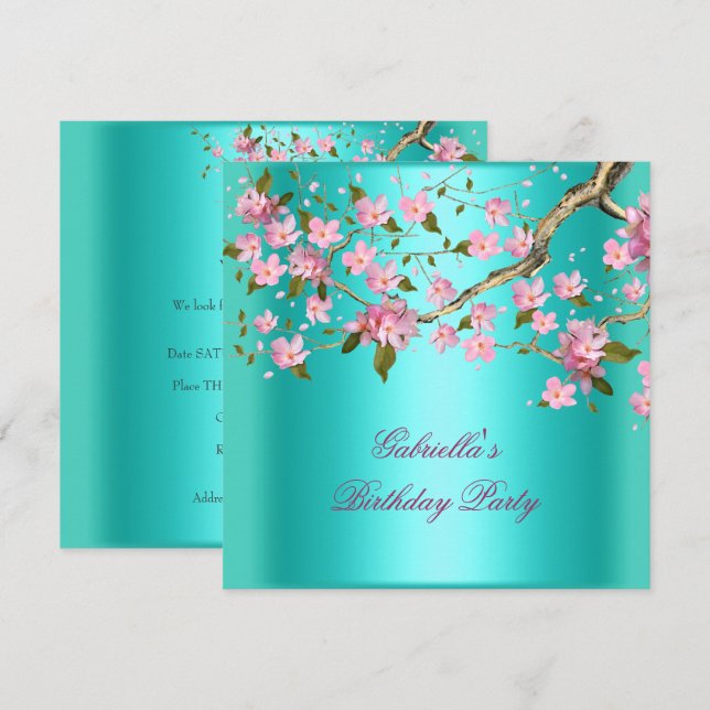 Invitation Fête d'anniversaire florale asiatique bleu sarcell (Devant / Derrière)