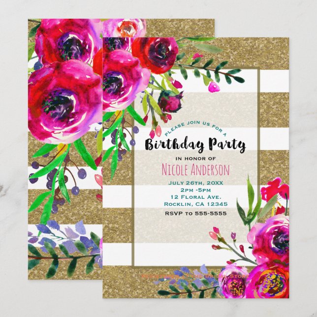 Invitation Fête d'anniversaire florale audacieuse avec rayure (Devant / Derrière)