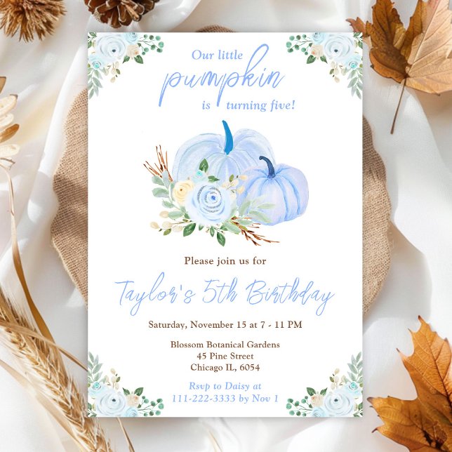 Invitation Fête d'anniversaire florale aux citrouilles bleues (Créateur téléchargé)