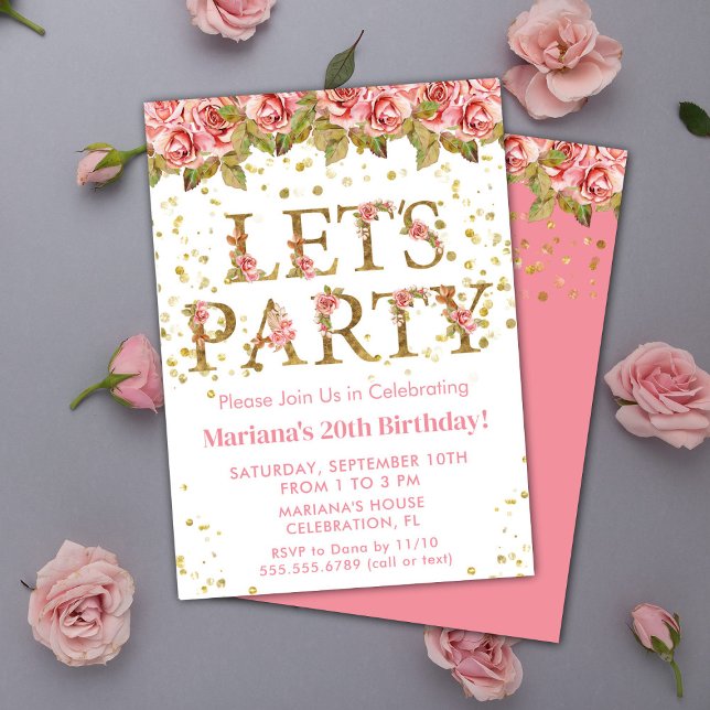 Invitation Fête d'anniversaire florale aux roses roses (Créateur téléchargé)