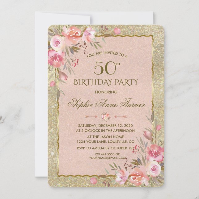 Invitation Fête d'anniversaire florale avec paillettes Glam G (Devant)