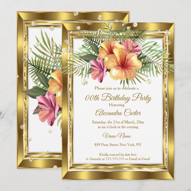 Invitation Fête d'anniversaire florale blanche dorée à l'hibi (Devant / Derrière)