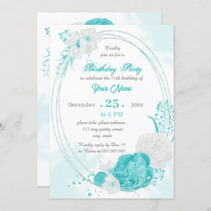 Invitation fête d'anniversaire florale blanche turquoise