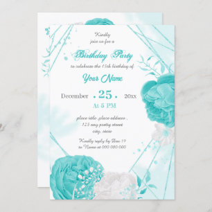 Invitation fête d'anniversaire florale blanche turquoise