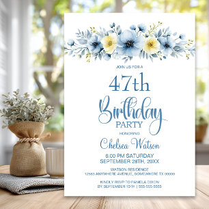Invitation Fête d'anniversaire florale bleu et jaune aquarell