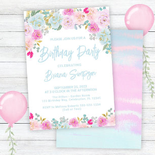 Invitation Fête d'anniversaire florale Bleu Rose Pêche Violet