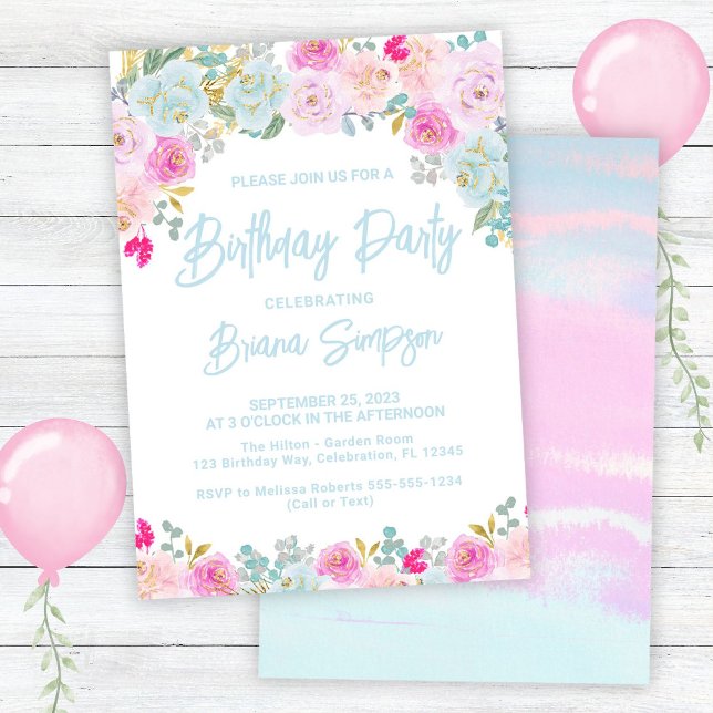 Invitation Fête d'anniversaire florale Bleu Rose Pêche Violet (Créateur téléchargé)