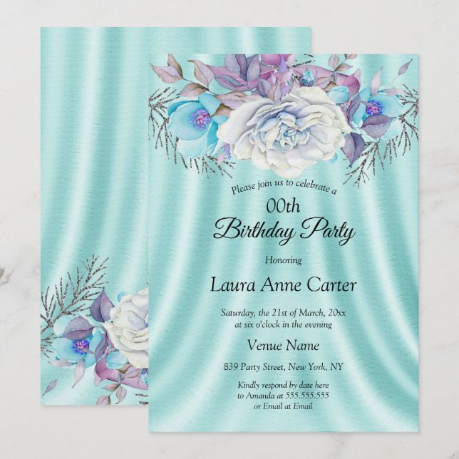 Invitation Fête d'anniversaire florale bleu sarcelle blanc vi (Devant / Derrière)