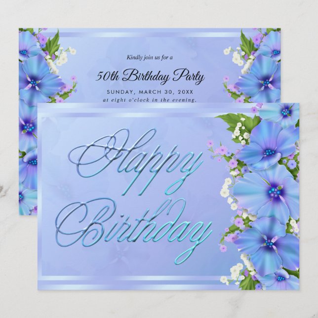 Invitation Fête d'anniversaire florale bleue romantique (Devant / Derrière)
