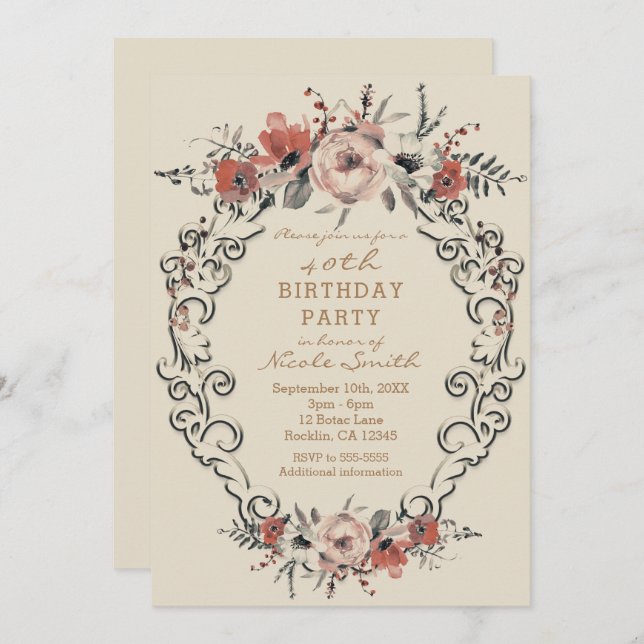 Invitation Fête d'anniversaire florale botanique beige vintag (Devant / Derrière)