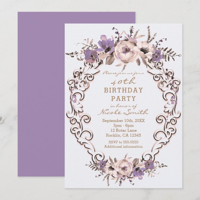 Invitation Fête d'anniversaire florale botanique crème violet (Devant / Derrière)