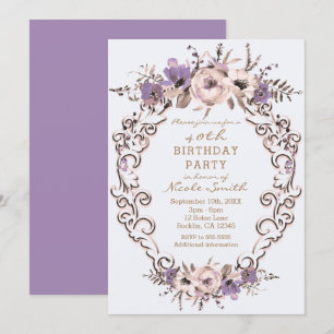 Invitation Fête d'anniversaire florale botanique crème violet