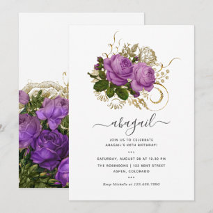 Invitation Fête d'anniversaire florale chic vintage or et vio