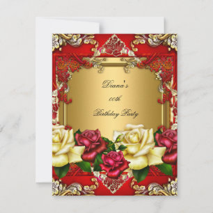 Invitation Fête d'anniversaire florale crème or roses rouges 