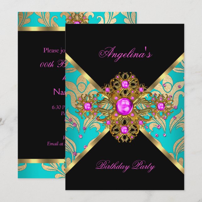 Invitation Fête d'anniversaire florale damassée sarcelle rose (Devant / Derrière)