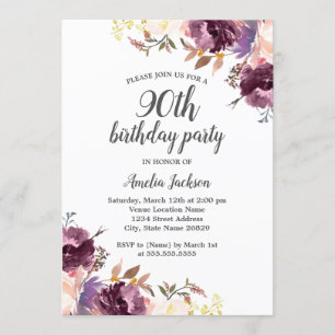 Invitation Fête d'anniversaire florale d'aquarelle pourpre
