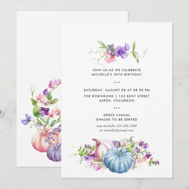 Invitation Fête d'anniversaire florale d'automne (Devant / Derrière)