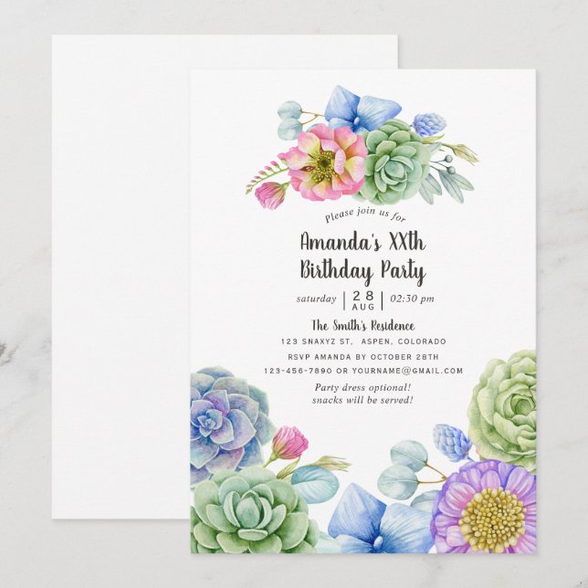 Invitation Fête d'anniversaire florale de succulentes tendanc (Devant / Derrière)