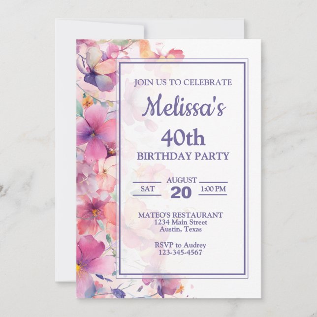 Invitation Fête d'anniversaire florale élégante (Devant)