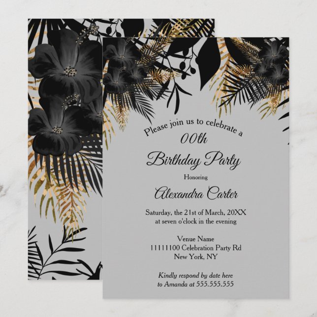 Invitation Fête d'anniversaire florale élégante or noir gris (Devant / Derrière)
