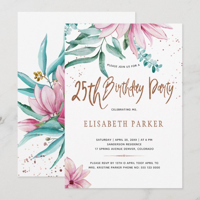 Invitation Fête d'anniversaire florale élégante typographique (Devant / Derrière)